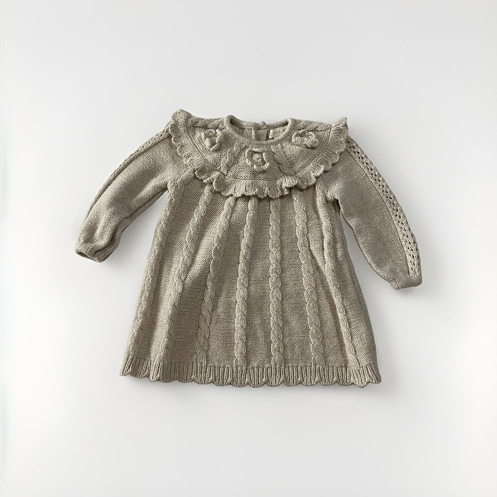 Cynthia Rowley Baby Girls 6-9 Month Beige Cable Knit Sweater Dress Floral Collar